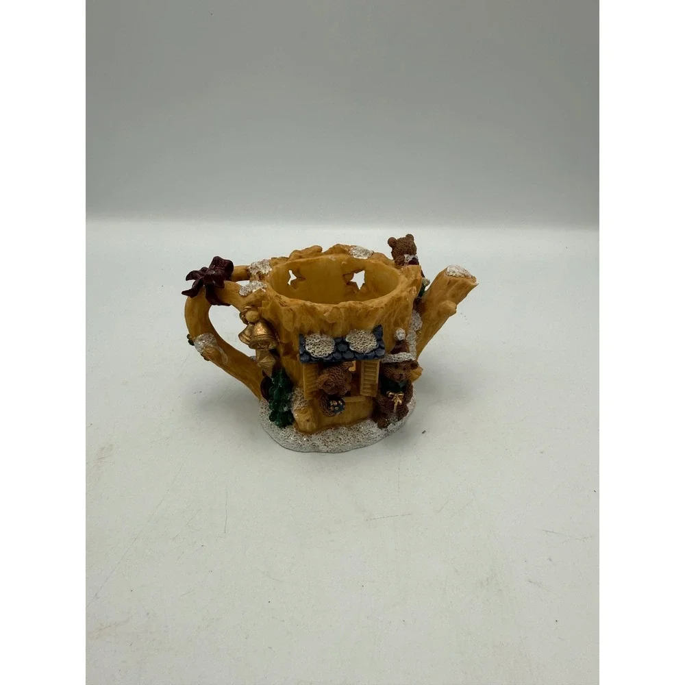 Vintage Christmas Teddy Bear Tree Stump Teapot Votive Candle Holder Resin Decor